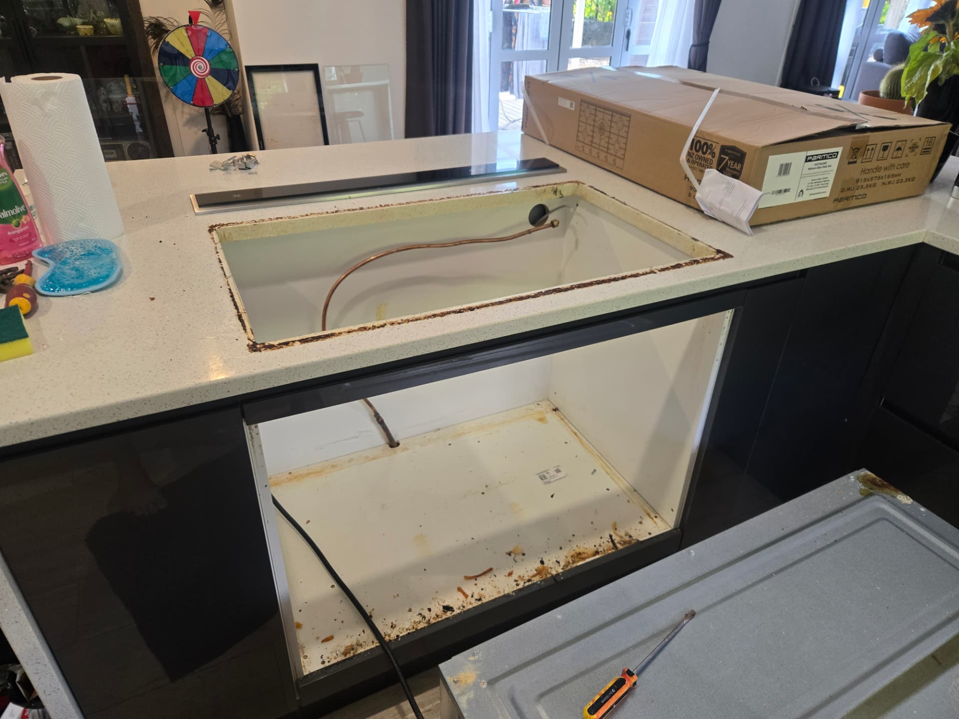 Old gas hob removed from the kitchen benchtop