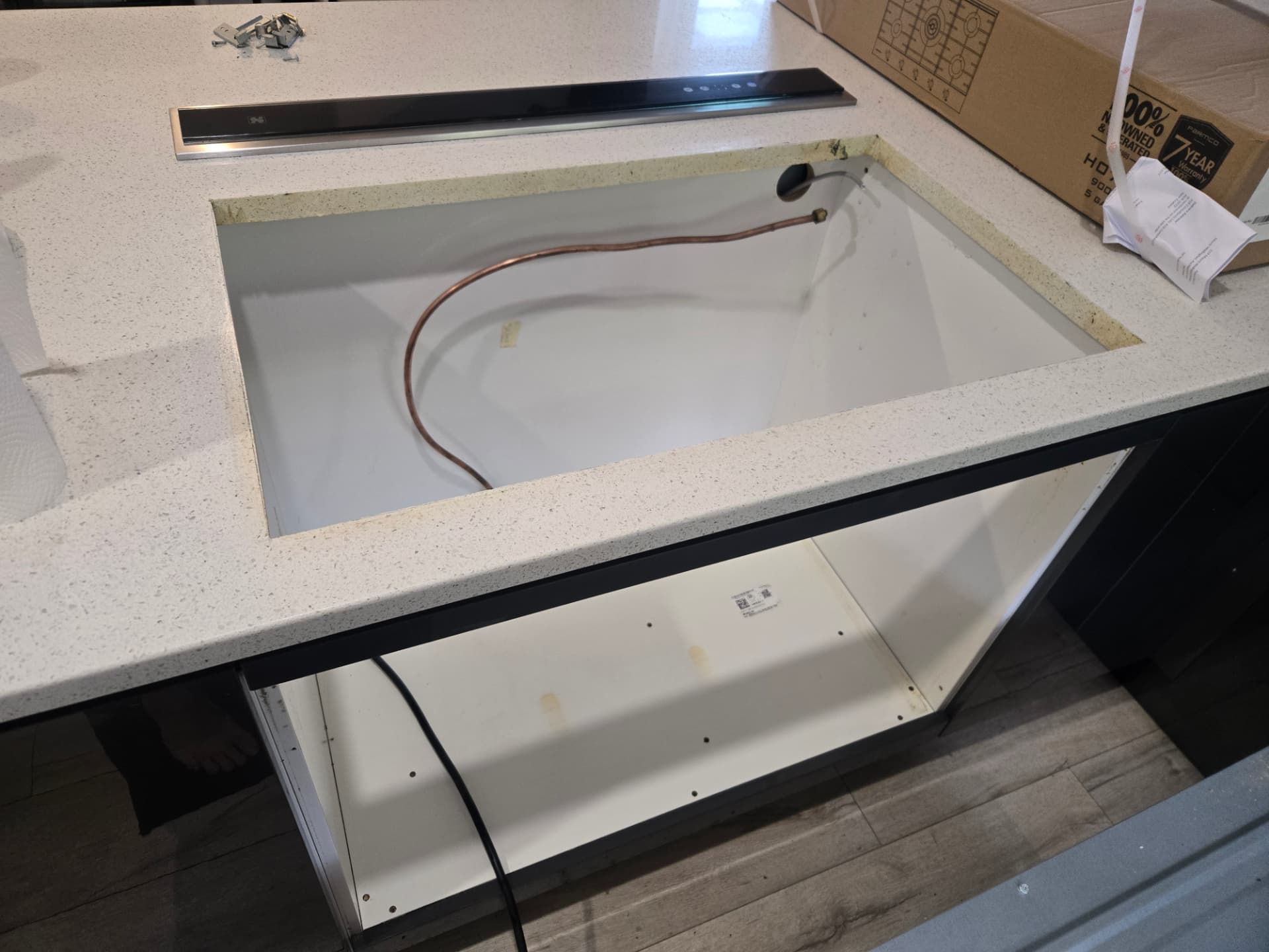 Kitchen benchtop opening cleaned and prepared for the new gas hob