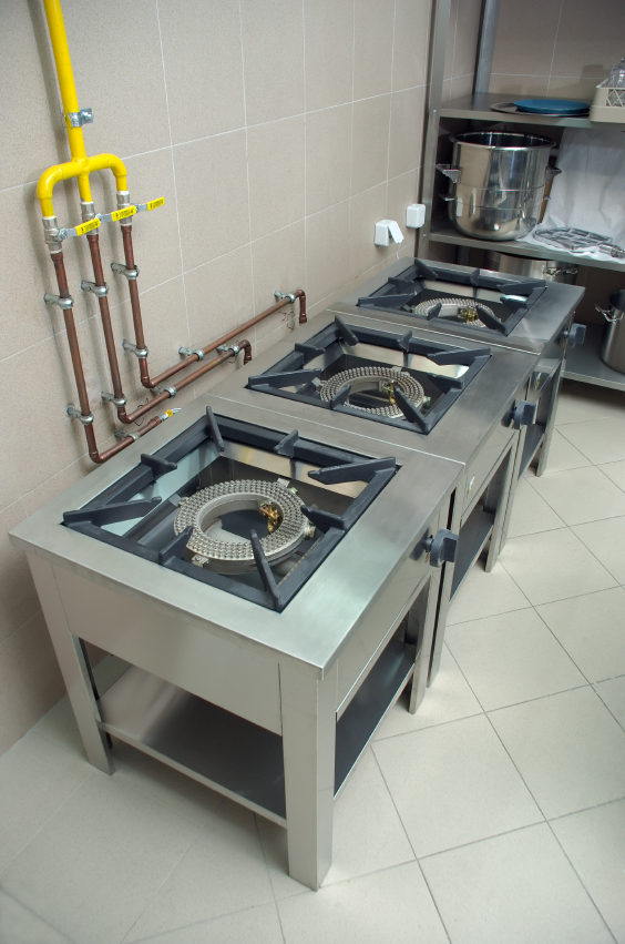 Commercial gas stock-pot burners with yellow gas pipework