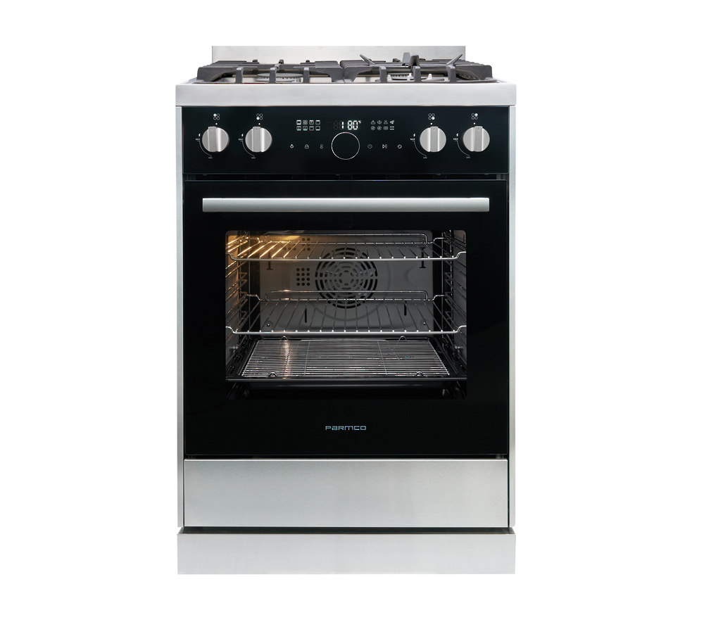 Parmco FS600GG02 600mm black glass freestanding stove with gas cooktop