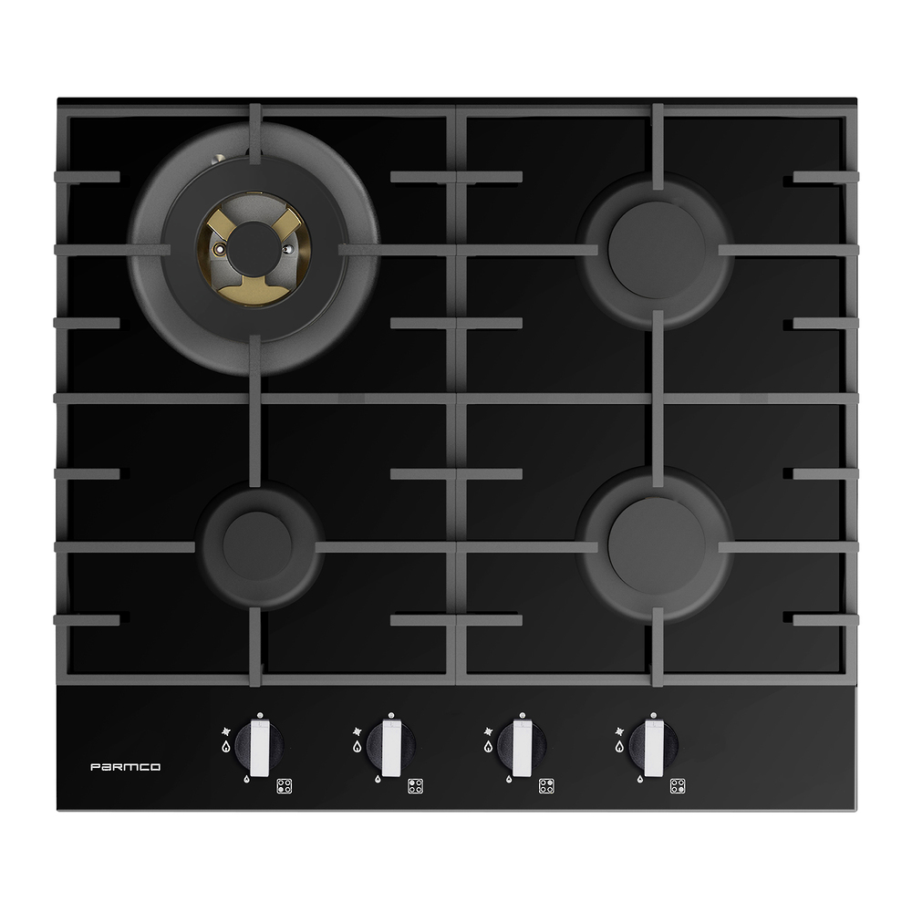 Parmco HO76GGW4 600mm black glass gas cooktop with wok burner