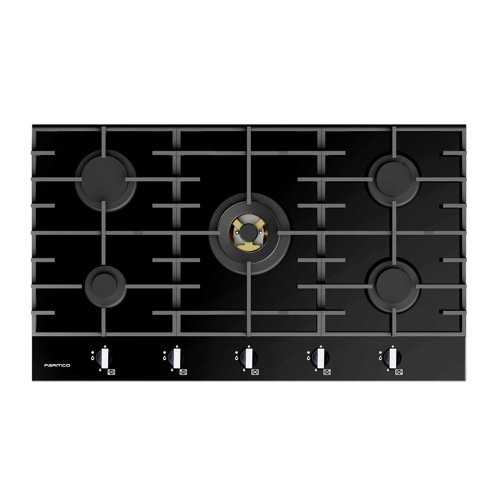 Parmco HO79GGW5 900mm black glass gas cooktop with wok burner