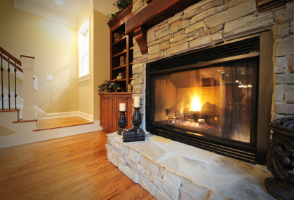 Stone hearth gas fireplace